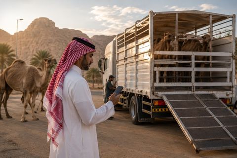 مالك إبل يتابع خدمة النقل عبر الجوال بجانب شاحنة محملة
