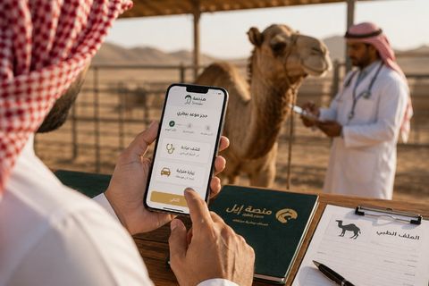 مالك إبل يحجز موعداً بيطرياً عبر تطبيق منصة إبل